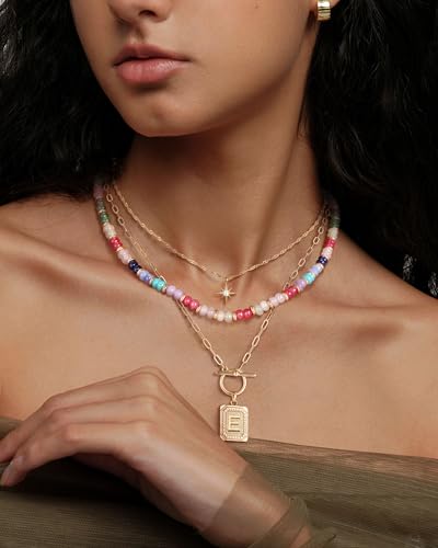 MJartoria Layered Initial Necklaces for Women | 14K Gold Plated Brass, Star Choker, Colorful Beaded, Square Letter Pendant, - color: Gold Plated, style: E