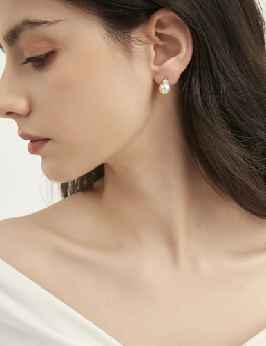 Pearl Earrings for Women 925 Sterling Silver 10MM CZ Pearl Stud | Cubic Zirconia, Dainty Simulated White Pearl Stud Drop Earring, Engagement Wedding Bridal, Hypoallergenic - size: 8MM
