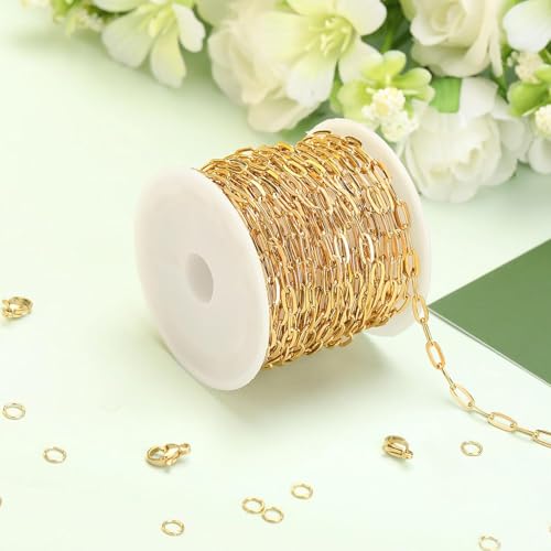 SMYHTGLIF 5 Meters Gold Stainless Steel Chain Bulk for Jewelry Making | Paperclip Cable Craft Jewelry Making Chains Necklace Bracelet Jewelry Chain Findings - color: Gold, size: 3×7.5mm