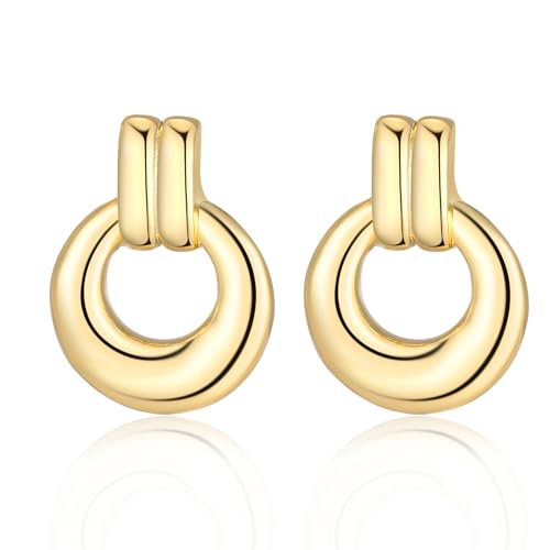 Chunky Gold Geometric Earrings for Women, Lightweight Gold Knot Dangle Drop Statement Dupes Long Link Earrings, Hypoallergenic Gold Plated Vintage Earrings Jewelry Trendy for Women - color: Two Circles