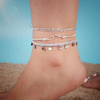 Waterproof String Anklets Cute Beaded Ankle Bracelets Beach Wave Anklet Stainless Steel Coin Boho Ankle Jewelry for Women - color: Light Grey
