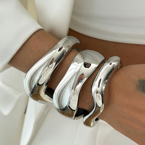 Big Chunky Gold Bracelets Set for Women 3Pcs Cuff Wide Bracelet Trendy High Shine Bracelets Minimalist Open Wide Cuff Bracelets Gold Bangle Bracelet Jewelry for Women - style: A-Silver