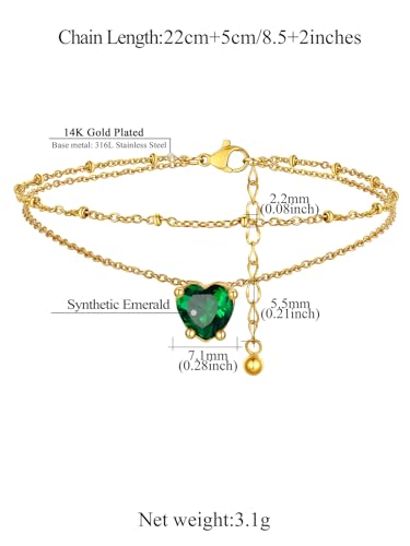 FindChic Bling Heart Birthstone Anklets Layered Beaded Ankle Bracelets for Women Gold/Black/Silver 12 Month Gem Colors Foot Chain Summer Jewelry for Girls, with Gift Box - color: Gold, style: 05. MayCreated Emerald(Prong Setting)