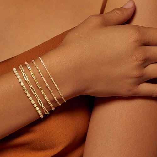 Gold Bracelet for Women, Waterproof Jewelry,5PCS | 14K Gold Plated Bracelets Stacks Non-Tarnish, Lightweight & Comfy, Trendy Adjustable Dainty Links, Women’s Jewelry Gift - color: 5 pcs-Box+Satellite+Lip+Paperclip+Flat bead