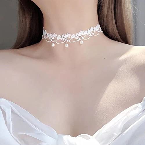 YienDoo Vintage Lace Choker Necklace White Gothic Lace Pattern Punk Tassel White Pearl Beaded Pendant Princess Bridal Lolita Statement Necklace Jewelry For Women