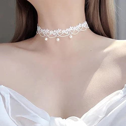 YienDoo Vintage Lace Choker Necklace White Gothic Lace Pattern Punk Tassel White Pearl Beaded Pendant Princess Bridal Lolita Statement Necklace Jewelry For Women