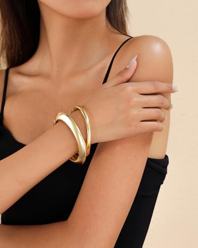 2pcs Gold Bangle Bracelets for Women, Trendy Hinged Cuff Open Wide Chunky Gold Bracelet Stack Arm Cuff Jewelry for Women - color: I-Gold Bangle