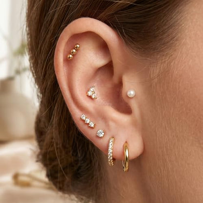 Stainless Steel Stud Earrings Set for Women Hypoallergenic Flat Back Cartilage Earrings Screw Back Huggie Hoop Earrings Multiple Piercing Cubic Zirconia Helix Tragus Jewelry - color: Set-B-14K Gold Plated