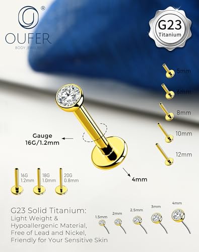 OUFER 2Pcs 20G/18G/16G G23 Titanium Threadless Nose Stud Earrings Flat Back Tiny CZ Small Nose Helix Cartilage Tragus Conch Labret Medusa Monroe Piercing Jewelry for Women Men - color: Gold, size: 2pcs, 16g 8mm, 2mm cz
