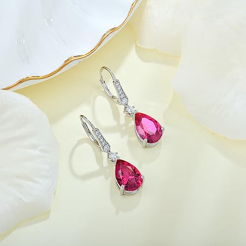 Women 925 Sterling Silver Birthstone Teardrop Leverback Drop Dangle Earrings 8 * 12mm 5A Cubic Zirconia Jewelry for Her - color: July,Ruby Color