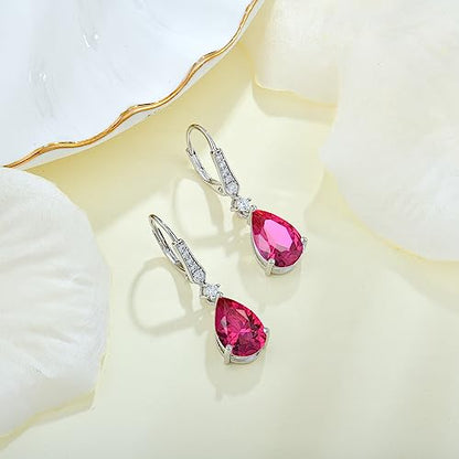 Women 925 Sterling Silver Birthstone Teardrop Leverback Drop Dangle Earrings 8 * 12mm 5A Cubic Zirconia Jewelry for Her - color: July,Ruby Color