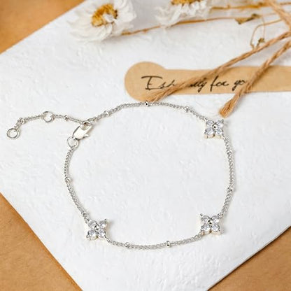 Dainty Lucky Four Leaf Clover Bracelets for Women, Trendy 14K Gold Plated Hypoallergeni Cubic Zirconia Bracelets Cute Paperclip Interlocking Adjustable Chain - color: Silver Clover Bracelet