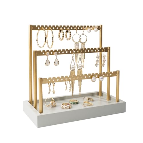 SANY DAYO HOME 3-Tier Earring Holder Organizer Stand, 105 Holes Gold Metal Earring Rack Jewelry Display Tree with Gray Wood Tray for Women and Girls - color: Gold Rack Gray Base