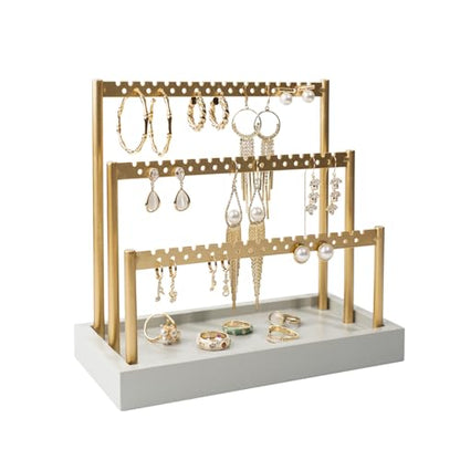 SANY DAYO HOME 3-Tier Earring Holder Organizer Stand, 105 Holes Gold Metal Earring Rack Jewelry Display Tree with Gray Wood Tray for Women and Girls - color: Gold Rack Gray Base