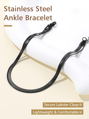 FindChic Ankle Bracelets for Women, Silver/Black/Gold Plated Layered Stainless Steel Anklets, Non-Tarnish Adjustable Waterproof Trendy Foot Jewelry for Beach Summer - style: Layered Snake Chain-Black