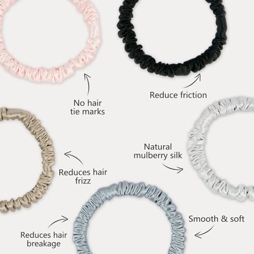 ZIMASILK 100% Pure Mulberry Silk Hair Scrunchies for Women | No Damage - Gentle Elastic Hair Ties for Ponytail Holder - Hair Accessories (5 Pack) - color: Black, Taupe, Dusty Blue, Light Gray, Pink (5pcs)