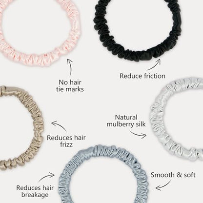 ZIMASILK 100% Pure Mulberry Silk Hair Scrunchies for Women | No Damage - Gentle Elastic Hair Ties for Ponytail Holder - Hair Accessories (5 Pack) - color: Black, Taupe, Dusty Blue, Light Gray, Pink (5pcs)