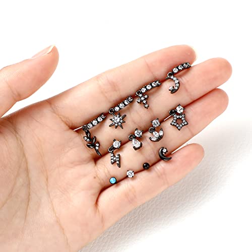 18 Pcs Dangle Nose Ring L Shaped Dangling Nose Stud Nose Ring Hoop Indian Nose Piercing Jewelry with Charm - color: Black