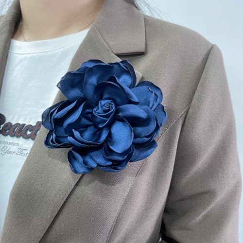 Dainty Fabric Rose Flower Large Brooch Lapel Pins Flower Brooches Pin Classic for Wedding Party Dance Banquet for Women Dress Suit Clothes Accessories Jewelry 100mm - color: Dark Blue