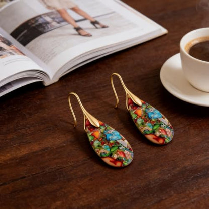 Boho Natural Imperial Jasper Teardrop Dangle Earrings for Women – Hypoallergenic French Hook Stone Drop Earrings Jewelry - color: Colorful Golden Hook #3