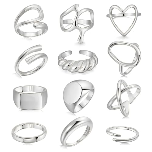 FAXHION 12PCS Gold Stackable Rings Set for Women, 18K Gold Plated Open Stacking Knuckle Ring, Adjustable Chunky Signet Band Statement Ring for Gift - color: 1-Silver-12pcs