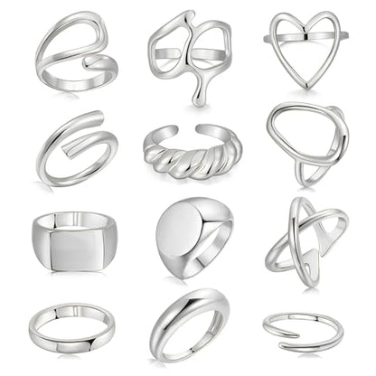 FAXHION 12PCS Gold Stackable Rings Set for Women, 18K Gold Plated Open Stacking Knuckle Ring, Adjustable Chunky Signet Band Statement Ring for Gift - color: 1-Silver-12pcs