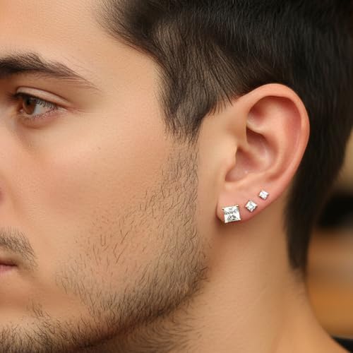 MDFUN 5 Pairs Square Earrings Set for Women Hypoallergenic 18K White Gold/Yellow Gold/Rose Gold Plated Princess Cut Clear Cubic Zirconia Stud Earring 3-7MM Pack of 5 - color: White Gold
