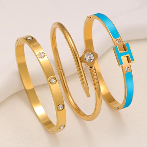3Pcs Gold Bracelets for Women 14K Gold Plated Love/H/Nail Bangle Bracelet Dainty Non Tarnish Bracelet Jewelry Christmas Mothers Day Gifts for Women - color: 3Pcs Gold/Blue H bracelet