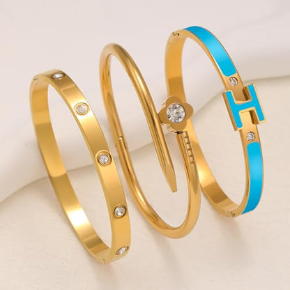 3Pcs Gold Bracelets for Women 14K Gold Plated Love/H/Nail Bangle Bracelet Dainty Non Tarnish Bracelet Jewelry Christmas Mothers Day Gifts for Women - color: 3Pcs Gold/Blue H bracelet