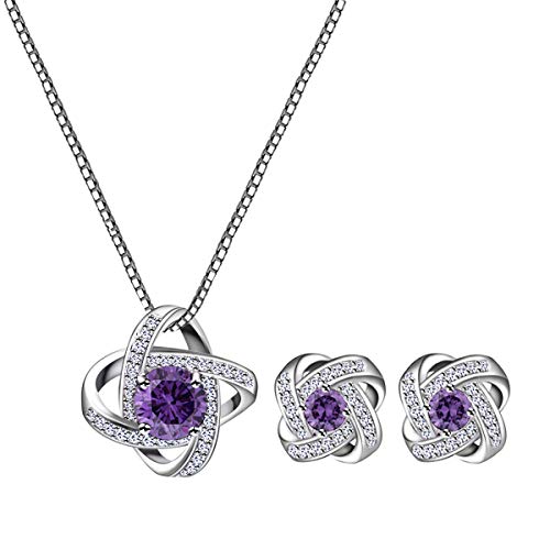 AMYJANE Bridal Jewelry Set for Women - Crystal Cubic Zirconia Love Knot Necklace Stud Earrings Elegant CZ Jewelry Set for Wedding Bride Bridesmaids Gift Set - color: Amethyst(14k White Gold Plated)