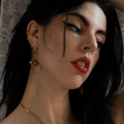PUNKYOUTH Gothic Crest Dangle Drop Hoop Earrings Dark Alternative Piercing Jewelry 18G 1mm Antique Finish Ornate Scroll Cubic Zirconia Spike Statement Everyday Wear Accessories For Women Men - color: Fleur-de-lis-Gold