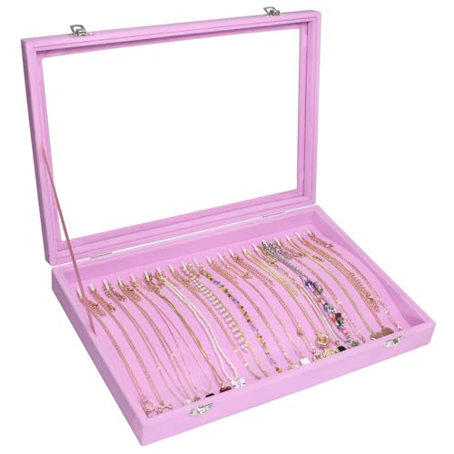 Vicoter 20 Hooks Necklace Organizer,Velvet Necklace Holder Tray with Lid | Jewelry Organizer for Necklace Pendant Chain,Women Jewelry Box,for Home Use and Jewelry Store,Jewelry Display for Drawer - color: Pink, size: 20 Hook