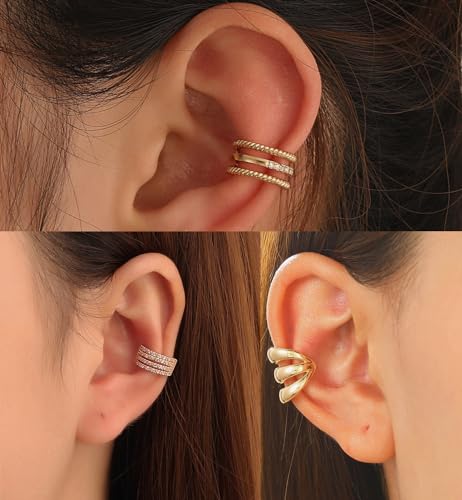 Rnivida 14K Gold Plated Ear Cuffs Single and Multi Band Earring Non Piercing,Various Styles Ear Wraps Earring,3Pcs,5Pcs - color: Gold-3Pcs