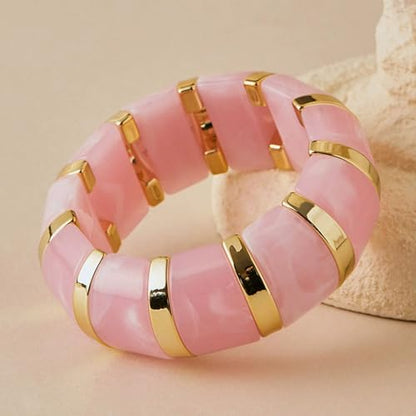 YBMYCM Acrylic Chunky Bangles Bracelets for Women Resin Gold-plated Stackable Stretch Bracelet Wide Wristbands Gift Jewelry - color: Pink