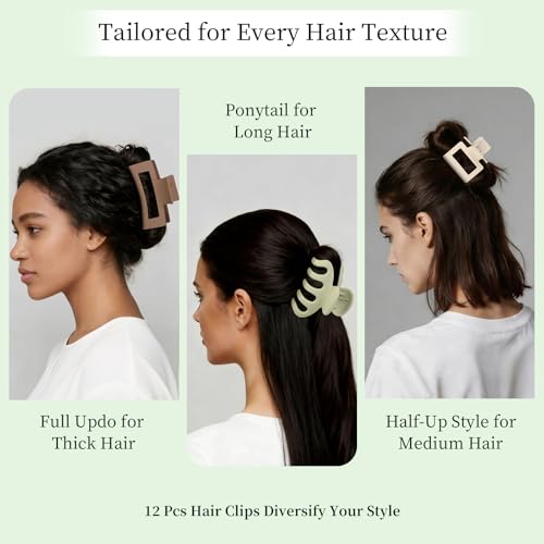 Small Medium Claw Clips for Women, 3 Styles Hair Clips for Thick and Thin Hair, Non-slip Strong Hold, 12 Pcs (White,Green,Brown,Black) - color: White,Green,Brown,Black