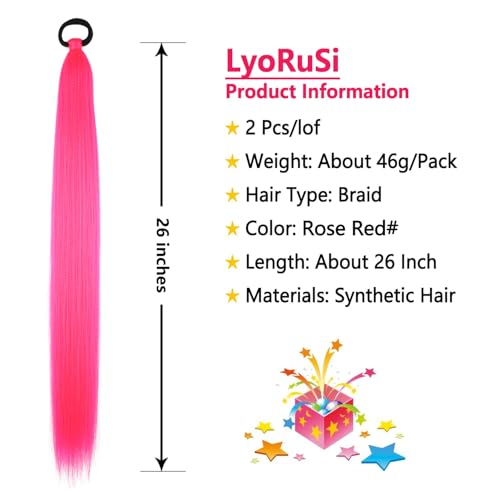 Ponytail Extension 2 Pc Rose Red Braid Ponytail Extension with Elastic Tie | Rave Hair Extensions Straight Wrap Around Hair Extensions Ponytail, 26 Inch Natural Soft Synthetic Hair Piece for Women - color: Rose Red#, size: 26 Inch（Pack of 2）