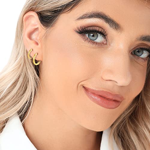 3 Pairs 925 Sterling Silver Hoop Earrings 14K White Gold Plated Small Silver Hoops Cartilage Huggie Earrings for Women Men - color: B-Gold 8/10/12mm