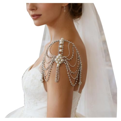 Mulit-layered Pearl Shoulder Chain Jewelry Festival Rave Rhinestone Bra Chain Sexy Bridal Wedding Crystal Arm Chain Jewelry for Women - color: Silver