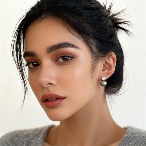 Faux Pearl Cubic Zirconia Stud Earrings, Hypoallergenic Lightweight Round Pearl Studs for Women - color: Platinum Grey, size: Pearl 12mm-CZ 6mm