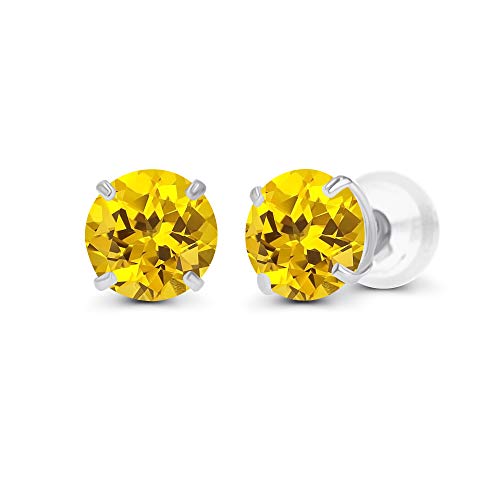 Solid 925 Sterling Silver Gold Plated 6mm Round Genuine Birthstone Gemstone Hypoallergenic Stud Earrings For Women - color: Created Yellow Sapphire