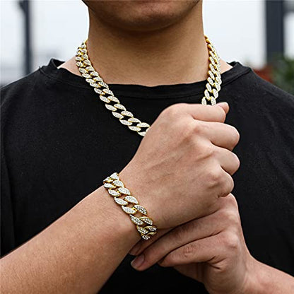 Saintda Iced Out Cuban Link Chain Necklace Bracelet Set for Men | 14mm Cuban Link Necklace Bracelet Jewelry Set Diamond Iced Out Mens Bling Thick Necklaces Chains - color: Gold-W:15MM-THK:3MM, size: 18inch