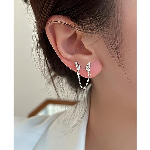 Cute Tiny Butterfly CZ Double Piercing Huggie Small Stud With Short Chain 925 Sterling Silver Cuff Wrap Earrings for Women Cartilage Two Holes Animal Dangle Drop Hypoallergenic - color: Silver