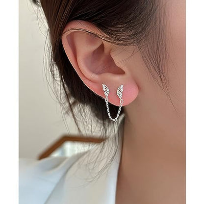 Cute Tiny Butterfly CZ Double Piercing Huggie Small Stud With Short Chain 925 Sterling Silver Cuff Wrap Earrings for Women Cartilage Two Holes Animal Dangle Drop Hypoallergenic - color: Silver