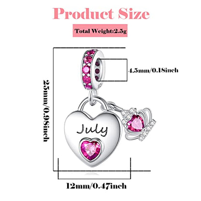Birthstone Charms for Charms Bracelet: 925 Sterling Silver Heart Dangle Charms for Bracelets and Necklaces, Birthday Mother's Day Christmas Gifts For Women. - color: July