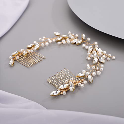 Chargances Bridal Pearl Crystal Hair Vine Comb Wedding Gold Long Headband Hair Comb Fashion Handmade Headpiece Bridal Hair Accessories for Wedding Prom Flower Girl (Gold) - color: Gold