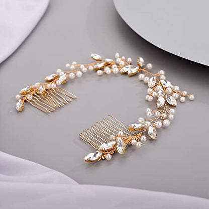 Chargances Bridal Pearl Crystal Hair Vine Comb Wedding Gold Long Headband Hair Comb Fashion Handmade Headpiece Bridal Hair Accessories for Wedding Prom Flower Girl (Gold) - color: Gold