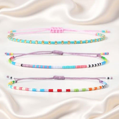 Seed Beaded String Rope Adjustable Bracelets Set for Women Men, Small Colorful Boho Rice 3Pcs Stack Handmade Thin Jewelry, Daily Beach Vacation Friendship Gift - color: Green Blue C