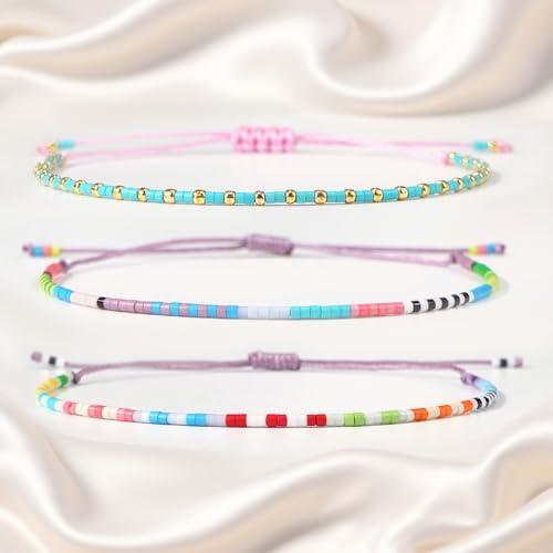 Seed Beaded String Rope Adjustable Bracelets Set for Women Men, Small Colorful Boho Rice 3Pcs Stack Handmade Thin Jewelry, Daily Beach Vacation Friendship Gift - color: Green Blue C