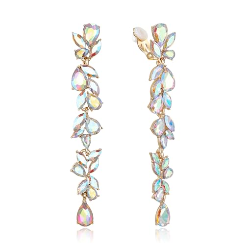 Crysdue Clip On Earrings for Women Rhinestone Crystal Teardrop Cluster Wedding Bridal Non Pierced Long Dangle Earring for Prom Party - color: Iridescent AB Gold-Tone