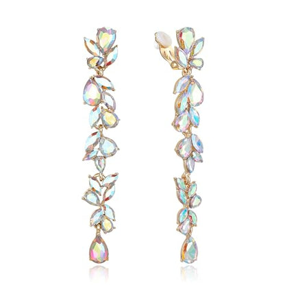 Crysdue Clip On Earrings for Women Rhinestone Crystal Teardrop Cluster Wedding Bridal Non Pierced Long Dangle Earring for Prom Party - color: Iridescent AB Gold-Tone
